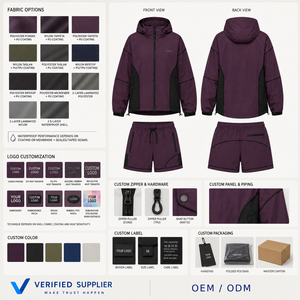 Ensemble veste à capuche et short pour femme, violet, sportif, imperméable, coupe ample, couleurs contrastées, tenue 2 pièces, toutes saisons - Product Image 5
