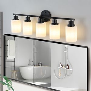 Espejo de Baño Moderno de 5 Luces y 31 Pulgadas con Cristal Esmerilado Blanco y Marco de Hierro Negro, Aplique de Pared Contemporáneo para Dormitorio - Product Image 3