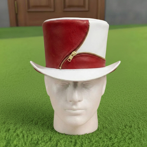 High quality custom made Handmade <b>Red</b> And White Leather Steampunk <b>Hat</b> Gothic <b>Top</b> <b>Hat</b> with Zipper Cosplay - Product Image 3
