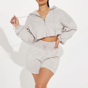 Nouvelle Collection Femme : Ensemble Printemps en Molleton Bouclette Uni, comprenant un Sweat à Capuche à Épaules Tombantes, Manches Courtes, Effet Vieilli et Fermeture Éclair au Genou, et un Short Taille Haute - Product Image 1