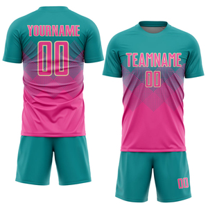 Maillot de football personnalisé bleu turquoise et rose - Sublimation 100% polyester, semi-évacuant l'humidité - Huzaifa Products, vêtements de football haut de gamme - Product Image 2