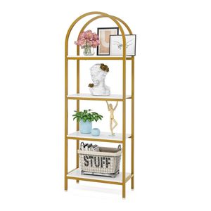 Étagère à livres arquée à 5 niveaux en bois d'acacia massif naturel de luxe avec cadre en métal doré pour la maison, le bureau, le salon, l'affichage et le rangement - Product Image 1