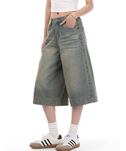 Shorts de mezclilla vintage de verano para mujer, estilo americano, holgados, versátiles, de pierna recta, estilo retro desgastado con efecto bigotes de gato - Product Image 5