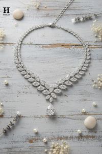 Marquise Leaf Motif Bridal <b>Necklace</b> 14K White Gold Pear Cut Drop Pendant Choker Moissanite Laurel V Crown <b>Statement</b> High Jewelry - Product Image 5