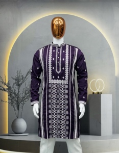 <b>Men's</b> Purple Cotton <b>Kurta</b> With White Embroidery Regular Fit Ankle-Length Traditional Indian Pakistani Casual Wear - Product Image 3