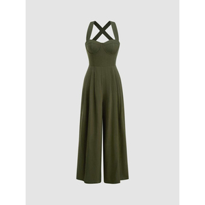 Women Summer <b>Casual</b> Short Sleeve V Neck High Waist Breathable <b>Wide</b> <b>Leg</b> Full Length Solid 100% Polyester <b>Jumpsuit</b> with Pockets - Product Image 3