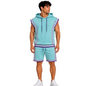 Custom Mens Aqua Purple <b>Sleeveless</b> Hooded Tracksuit Set Custom Logo Gym Fitness Training Sports <b>Hoodie</b> And Shorts Activewear - Product Image 1