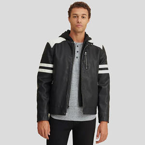 Blouson Homme Personnalisé en Cuir Véritable Noir à Capuche avec Rayures Blanches sur les Manches, Style Racer, Coupe Slim, en Peau de Mouton Souple, Veste Décontractée de Motard - Product Image 1