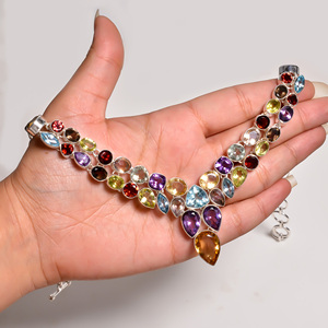 Natural Multi Gemstone <b>Statement</b> <b>Necklace</b> 925 Sterling Silver Yellow Gold Rose Gold Plated Handmade Luxury Jewelry for Women Her - Product Image 1