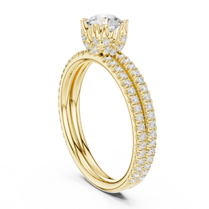 แหวนเพชรทรงกลมเพาะเลี้ยงในห้องปฏิบัติการ ทอง 14K 18K แบบโซลิแทร์สองแถว 0.85 กะรัต DEF VVS ประดับเพชรแบบ Pave ดีไซน์แยกก้าน แหวนแต่งงานสำหรับเจ้าสาว ODM - Product Image 4