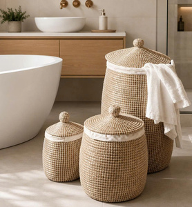 Tall Seagrass Storage <b>Basket</b> With <b>Lid</b> Handwoven Woven Organizer Round <b>Laundry</b> Hamper for Bathroom Home - Product Image 1