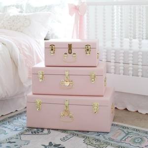 Fabric Storage <b>Boxes</b> Set of 2 Rectangular <b>Stacking</b> Trunks with Copper Hardware for Bedroom Use - Product Image 3