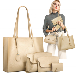 Ensemble de 4 sacs fourre-tout en cuir PU pour femmes, sacs à main décontractés à bandoulière, fermeture à rabat classique, beige, grande capacité, usage quotidien - Product Image 3