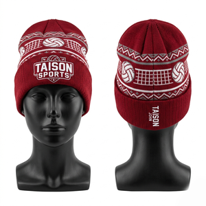Gorro de voleibol de punto acrílico premium, rojo y blanco, con patrón jacquard, doble capa, logotipo bordado, diseño de punto tejido personalizado. - Product Image 6