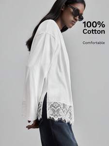 Custom Trendy White Lace Hem Long Sleeve Cotton Tee Women's Shirts Crewneck Loose Fit Casual Fashion T-Shirt Plus Size Blouses - Product Image 4