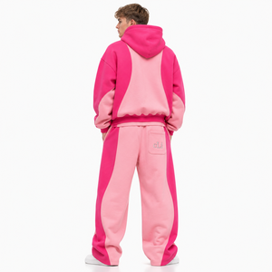 <b>Pink</b> Color block Double Zip <b>Hoodies</b> Set Contrast Panels Heavyweight Fleece Wide Leg Sweatpants Men Custom Embroidered Streetwear - Product Image 3