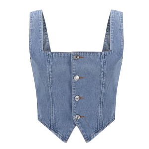 Débardeurs en jean pour femmes, tops courts d'été sans manches boutonnés pour soirée et club, coupe ajustée, col carré, dos nu - Product Image 1