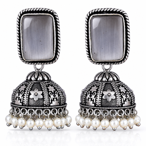 ต่างหูระย้า jhumka ไข่มุกเงินแท้สีเทาออกซิไดซ์สำหรับผู้หญิงต่างหูระย้างานปาร์ตี้แนววินเทจทันสมัย - Product Image 2