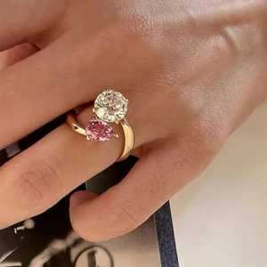 Moissanite Vivid Pink Pear & Round Cut Toi et Moi <b>Ring</b> Original <b>925</b> <b>Silver</b> <b>With</b> Gold Plated Fine Unique Style For Girlfriends - Product Image 5