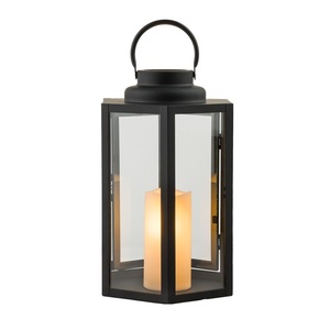 Farol Metálico Rectangular Negro con Paneles de Vidrio y Vela LED para Decoración del Hogar - Product Image 1
