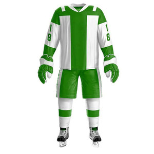 Custom Ice Hockey Uniform Set Green <b>White</b> Striped Sublimated Jersey Pants <b>Socks</b> <b>Men</b> Adult Regular Fit All Seasons - Product Image 1