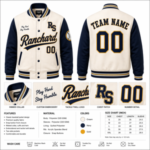 RANCHARD SPORTS Premium <b>Baseball</b> Varsity <b>Jacket</b> <b>Men's</b> Eco-Friendly Breathable Quick Dry Polyester/Cotton Shell Custom Logo Front - Product Image 2