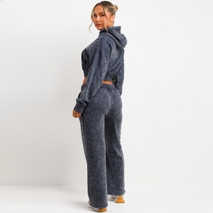 Crop Zip Up Hoodie And Joggers Chándal Set Acid Wash Grey Wide Leg Joggers Disponible en Xs, S, M, L,XL - Product Image 2