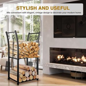 Modern Steel <b>Log</b> <b>Holder</b> with Hooks for Firewood Storage Rectangle Powder Coated Finish - Product Image 3