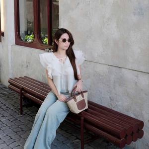 Custom <b>White</b> Chiffon Ruffle <b>Top</b> with High Waist Jeans Casual Women Set - Product Image 1