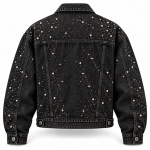 Chaqueta de Mezclilla Negra Lavada para Hombre con Decoración de Remaches, Cuello Camisero, Estilo Casual, para Otoño - Product Image 2