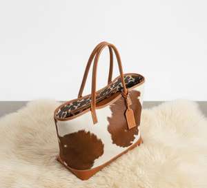 Sac fourre-tout vintage pour femme en cuir véritable avec fourrure, fermeture éclair, détails brodés, mode automne, qualité supérieure LHTB-0088 - Product Image 3