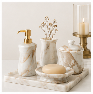 Natural White Marble Bathroom Accessory <b>Set</b> 4 Piece Handcrafted Modern <b>Set</b> with Gold Pump <b>Soap</b> Dispenser <b>Soap</b> Dish For Hotel - Product Image 1