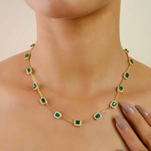 14K White Gold Octagon 6.2 Ct Emerald Cut Emerald & Natural Diamond Halo Vintage Link Necklace - Product Image 1