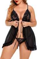 Ensemble de lingerie babydoll en dentelle transparente pour femme avec ourlet à volants et string assorti