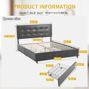 Letto Matrimoniale Regolabile con Contenitore, 4 Cassetti, Testiera in Legno Imbottita in Ecopelle con Bottoni Trapuntati, Stile Morbido - Product Image 5