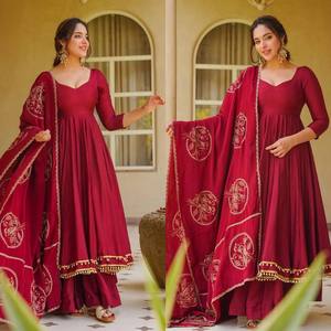 Nuevo Conjunto de Traje Anarkali de Seda Romana de Diseñador para Mujer con Palazzo y Dupatta de Seda Chanderi Bordada, Completamente Cosido, Festivo y Elegante - Product Image 3