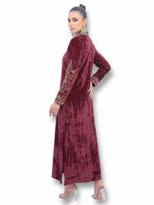 <b>Burgundy</b> <b>Velvet</b> Polyester Abaya Long Sleeve Floor Length Embroidered Sweetheart Neck Modest Islamic <b>Dress</b> Women All Seasons - Product Image 4
