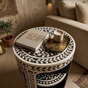 Round Arabic Flower Pattern Bone Inlay Nightstand with Carved Design Double-Tier <b>Storage</b> Bedside Table for Home Office Decor - Product Image 5