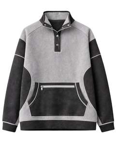 Sweat-shirt personnalisé gris et noir pour femme, en molleton, à capuche, coupe oversize, col montant à boutons-pression, décontracté d'hiver, avec poche zippée - Product Image 1