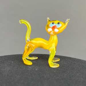 Handmade Yellow <b>Glass</b> Cat Figurine Sculpture Blue Eyes Red Nose Office <b>Desk</b> Decor - Product Image 2