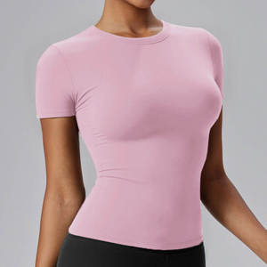 T-shirt de compression pour femme à col rond en Spandex_Polyester, coupe ajustée, anti-humidité, uni, personnalisable - Product Image 2
