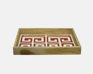 Plateau de service rectangulaire en bois artisanal avec incrustation de motifs grecs, plateau décoratif de luxe en pin pour table basse - Product Image 6