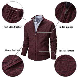 Pull tricoté décontracté pour homme, beige, à col montant, entièrement zippé, chaud, à manches longues, avec texture, style cardigan - Product Image 4