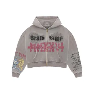 <b>Grey</b> Dragon Graphic Cropped Zip Hoodie | Oversized Streetwear <b>Jacket</b> | Custom OEM Private Label Manufacturer - Product Image 1