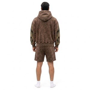 Men's Brown Hooded Tracksuit <b>Set</b> With Green Flame Print Full Sleeve Loose Fit Streetwear Shorts And Sweatshirt Autumn Wear - Product Image 2