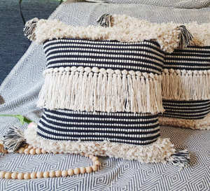 18 x 18 Inches Boho Tassel Cotton Cushion <b>Cover</b> – Decorative Square <b>Throw</b> Pillow for Sofa, <b>Bed</b> & Home Decor - Product Image 2