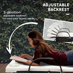 Chaise longue d'extérieur à dossier réglable sur 5 niveaux en rotin crème, chaise de piscine et de gym avec coussin et appui-tête, roues incluses - Product Image 6