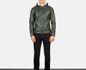 Men's Green <b>Leather</b> Hooded <b>Jacket</b> Zipper Closure Casual Slim Fit Autumn Style Solid Color Regular Length - Product Image 6