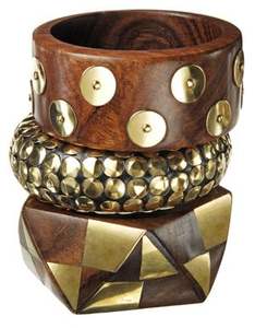 SUPAR RETRO PENTAGRAM WOODEN <b>BRACELET</b> Exaggerated Wide Rivet Design Modern Handmade Waterproof Unisex Accessory - Product Image 2