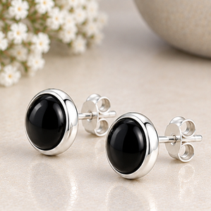 Black <b>Onyx</b> Silver Stud <b>Earrings</b>, Natural Black <b>Onyx</b> Gemstone <b>Earrings</b>, 925 Sterling Silver Round Studs, Black Stone <b>Earrings</b>, - Product Image 2